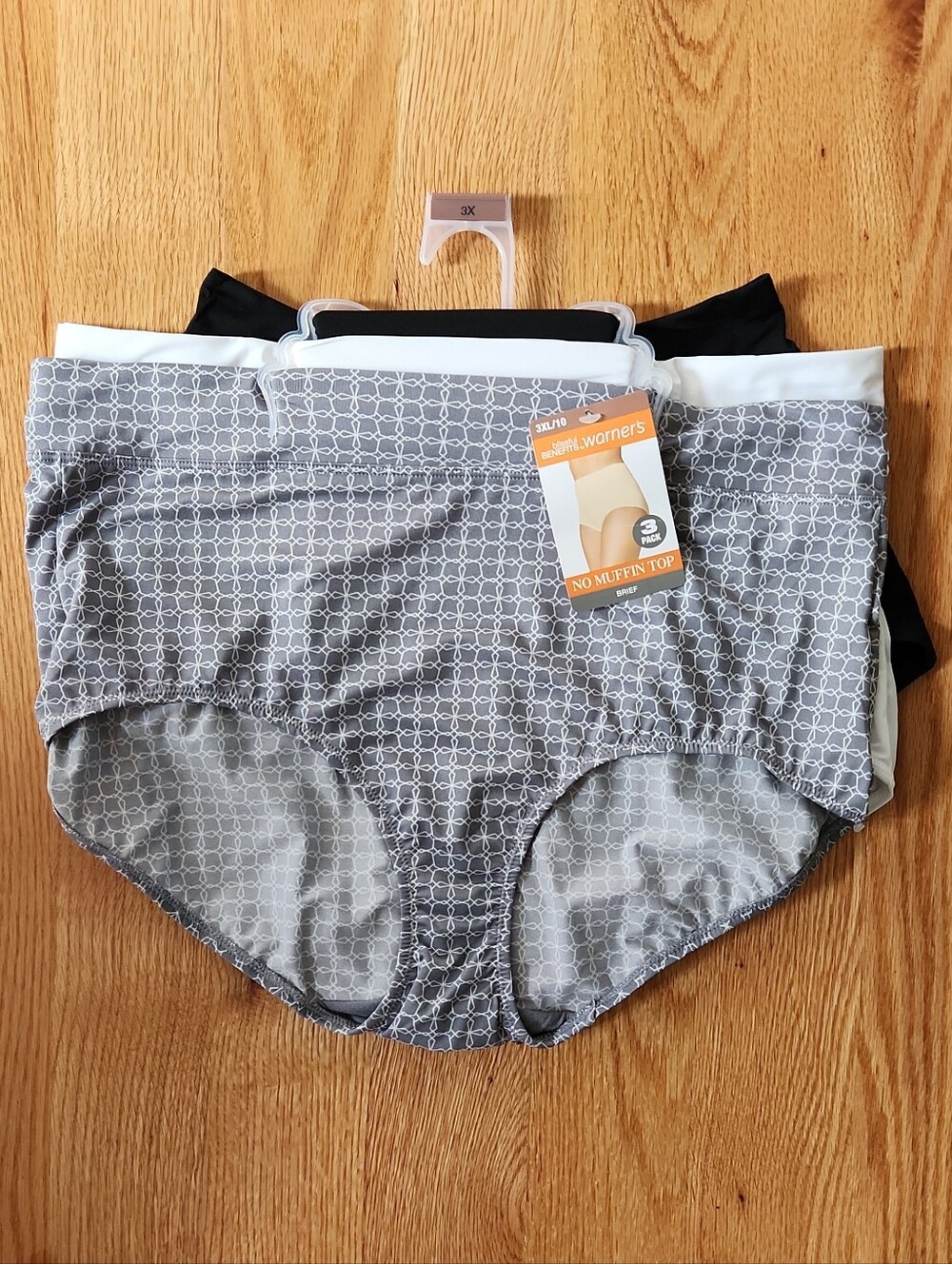 Warner's Blissful Benefits, 3-Pack Briefs, Gray Pattern, White & Black, Sz 3X